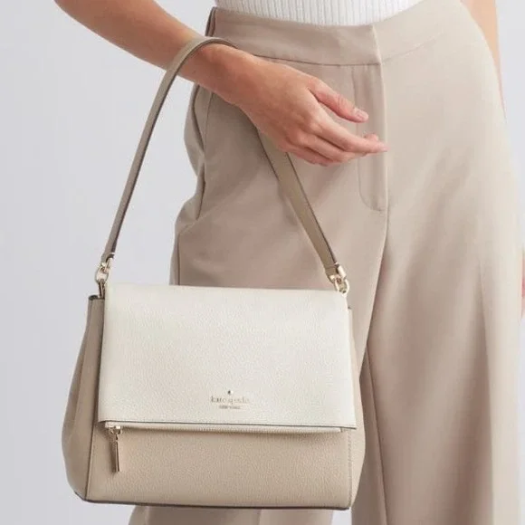 Kate Spade New York Leila Medium Flap Shoulder Bag Leather Two Tone Beige - Picture 1 of 16